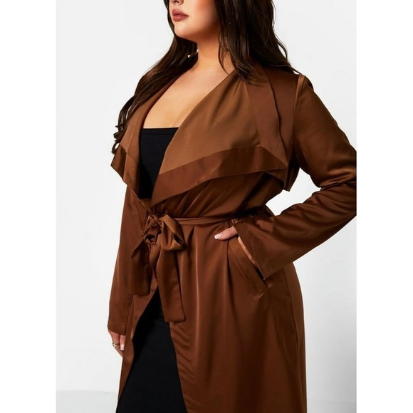 Rebdolls Plus Size 2X Satin Wide Lapel Duster Coat - Brown - Picture 4 of 13